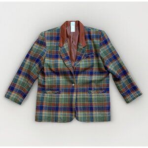 VTG 90s Jantzen Classic Plaid Womens 16 Blazer Jacket Green Blue Shoulder Pads